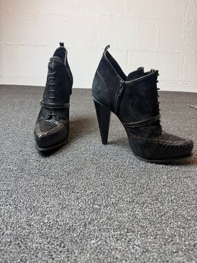 Derek Lam Black Suede High-Heel Ankle Boots with Snakeskin Trim